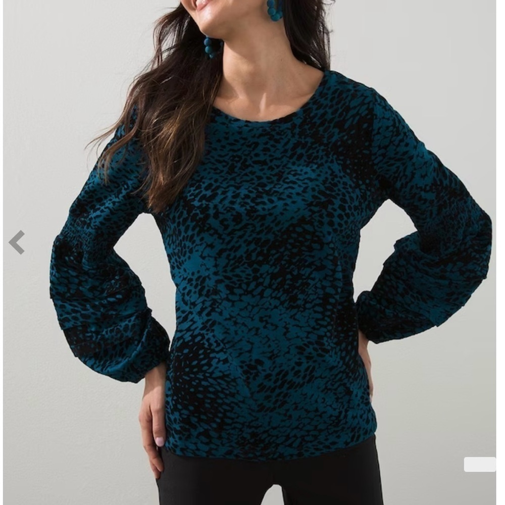 Flocked Sleeve Knit Top Chico's Size 3 Tesl and black